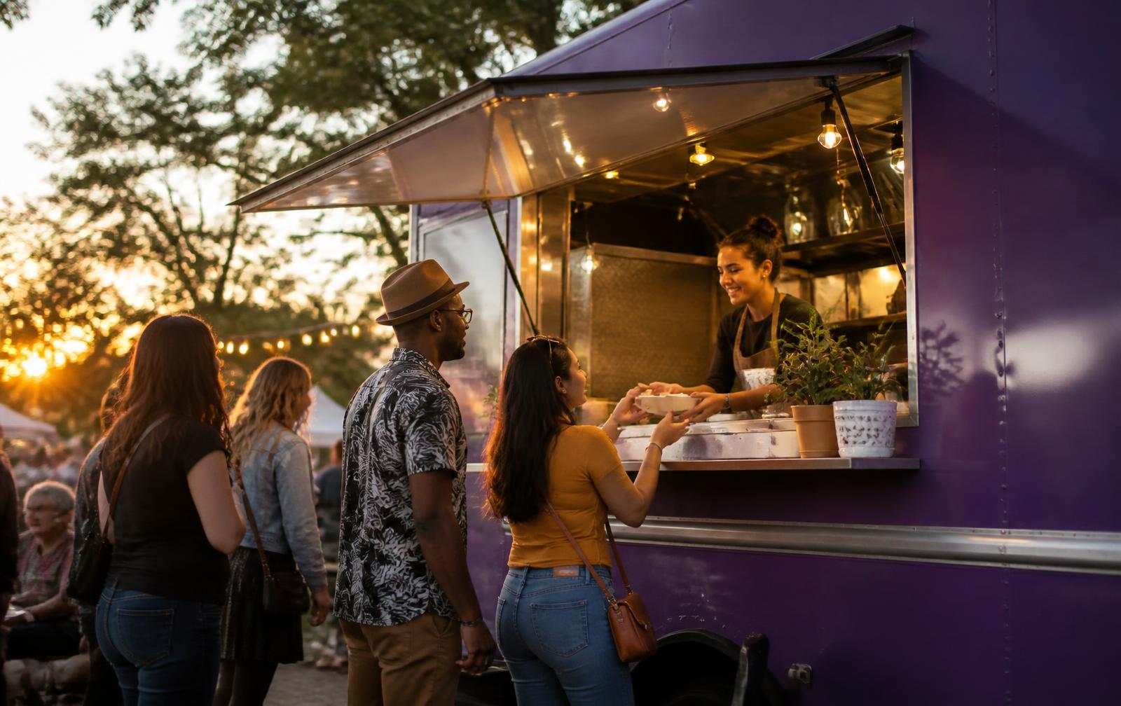 A purple food truck serving guests at an outdoor community event at golden hour